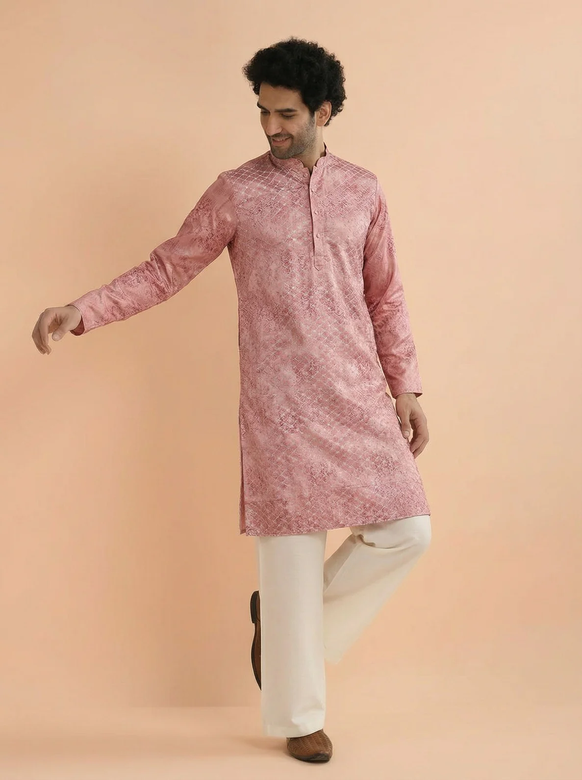 Pink Cotton Blend Embroidered Kurta Wide Leg Trouser Set - Image 6