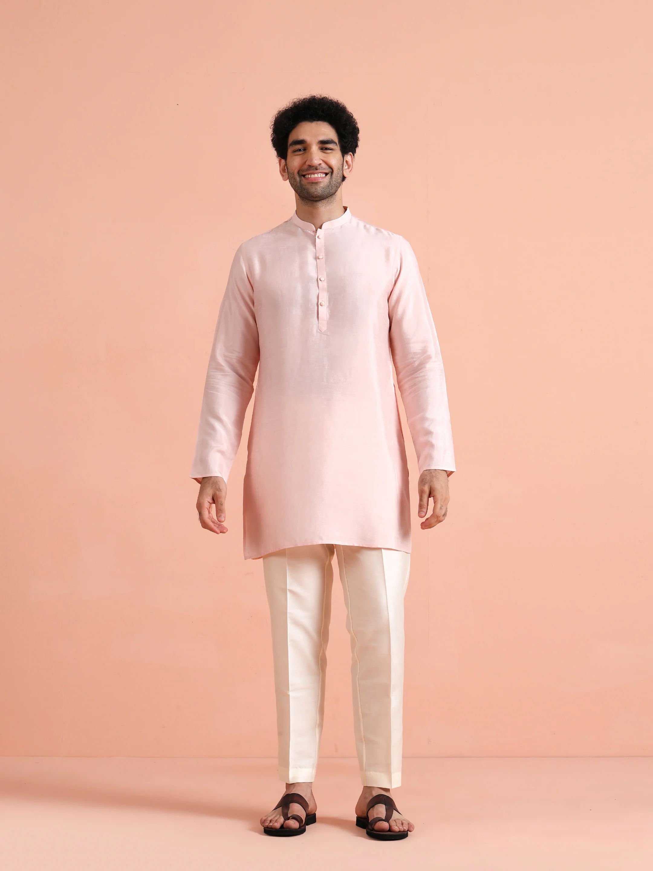Pink Solid Cotton Kurta Trouser Set