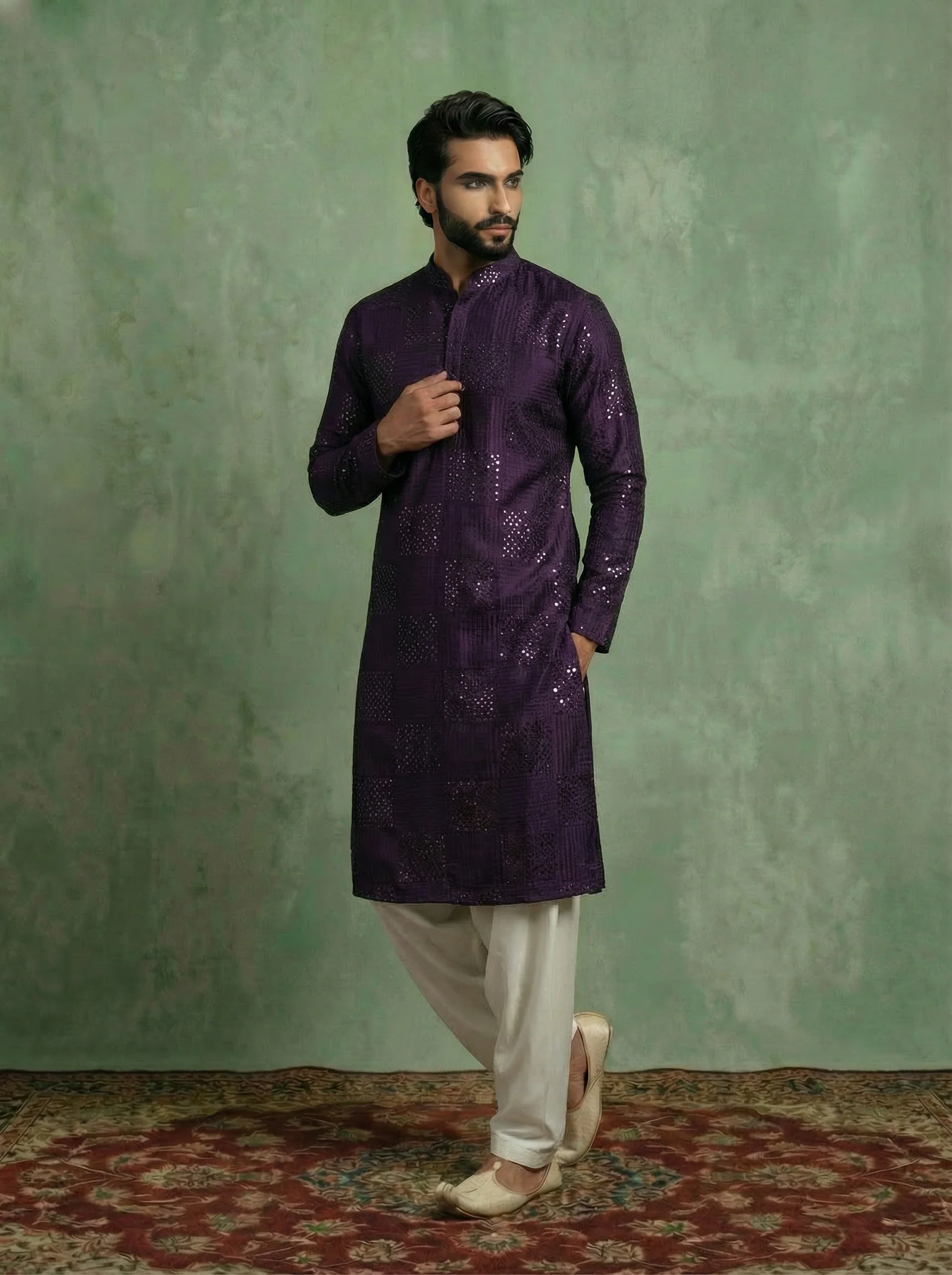 Purple Silk Blend Mirror Work Kurta Patiyala Set