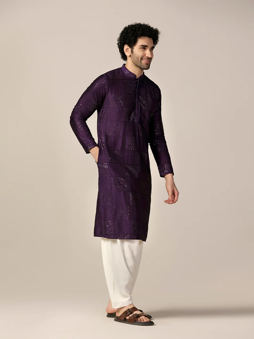 Purple Silk Blend Mirror Work Kurta Patiyala Set - Image 2