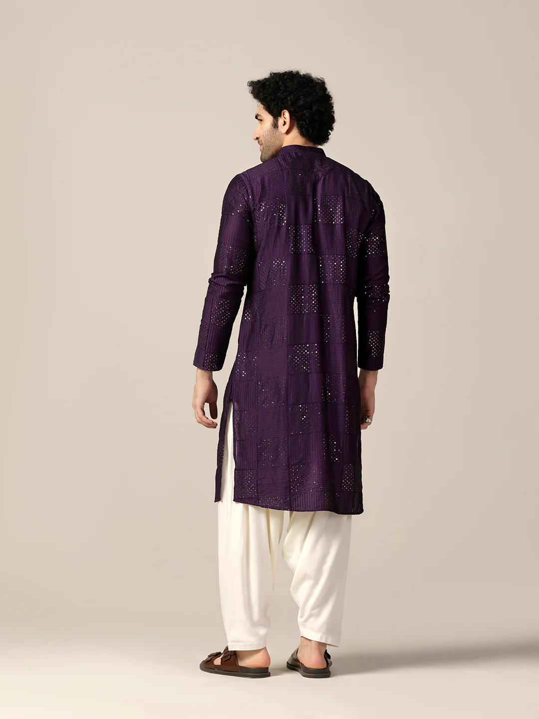 Purple Silk Blend Mirror Work Kurta Patiyala Set - Image 4