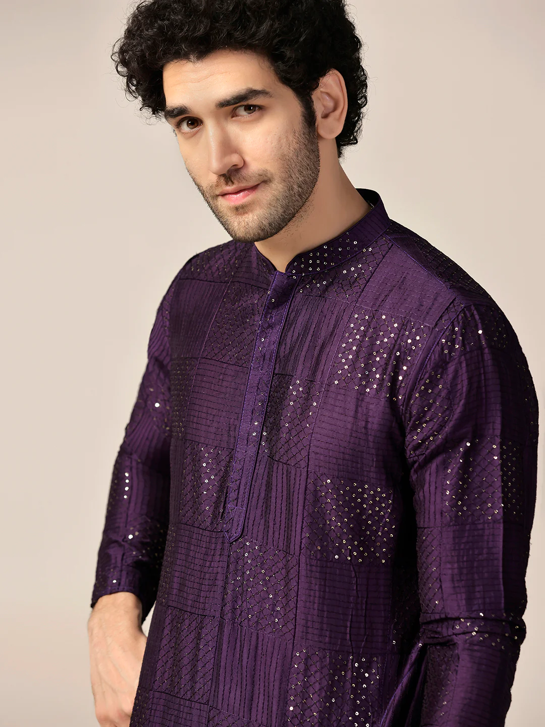 Purple Silk Blend Mirror Work Kurta Patiyala Set - Image 5