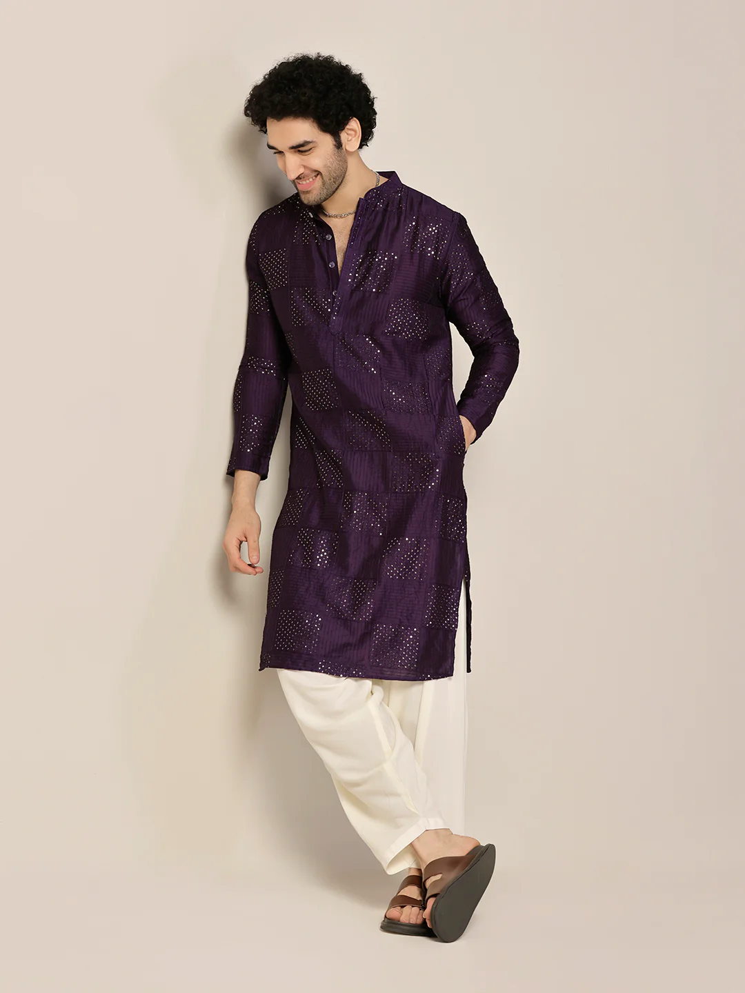 Purple Silk Blend Mirror Work Kurta Patiyala Set - Image 7