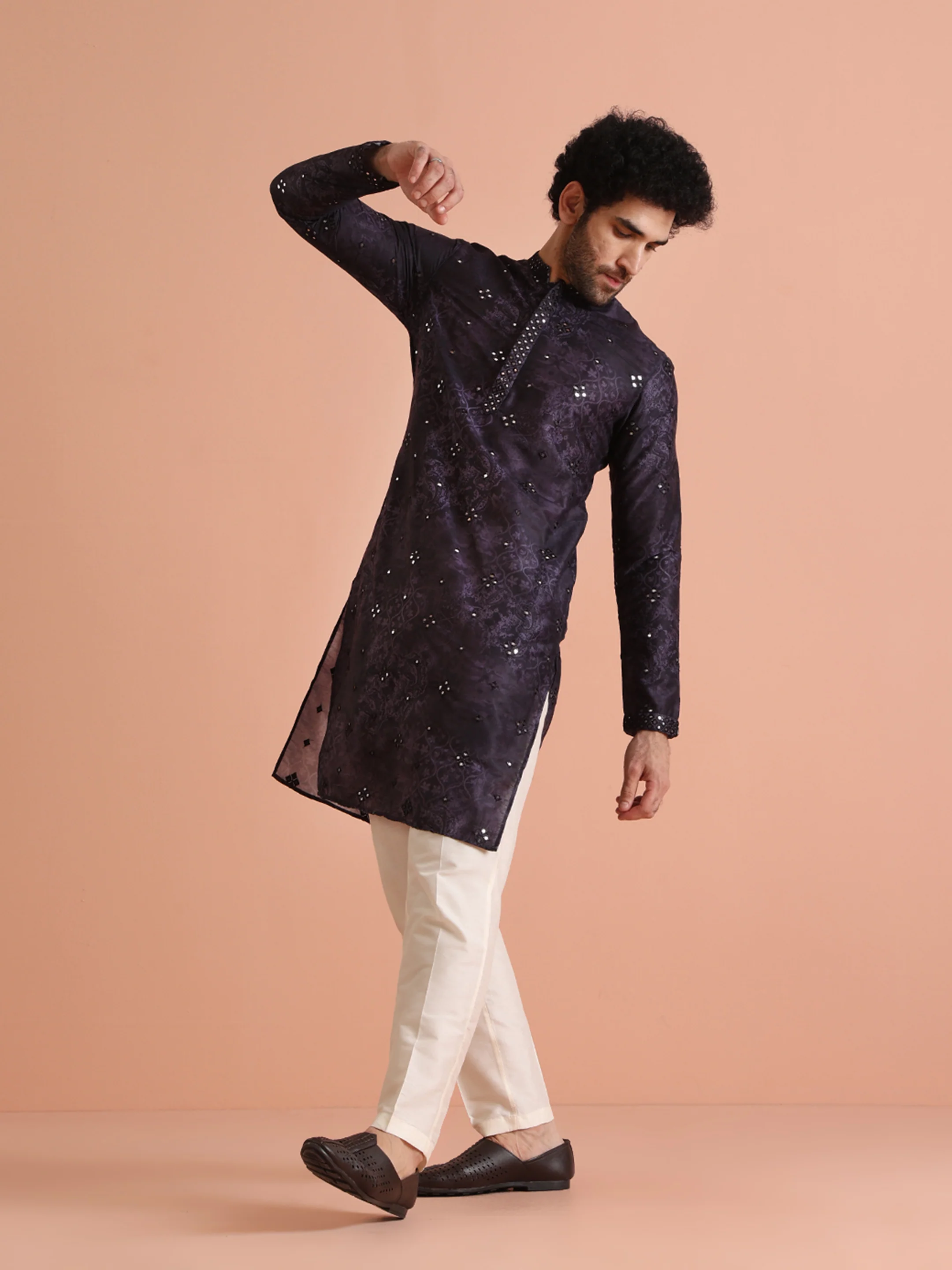 Purple Silk Blend Mirror Work Long Kurta - Image 6