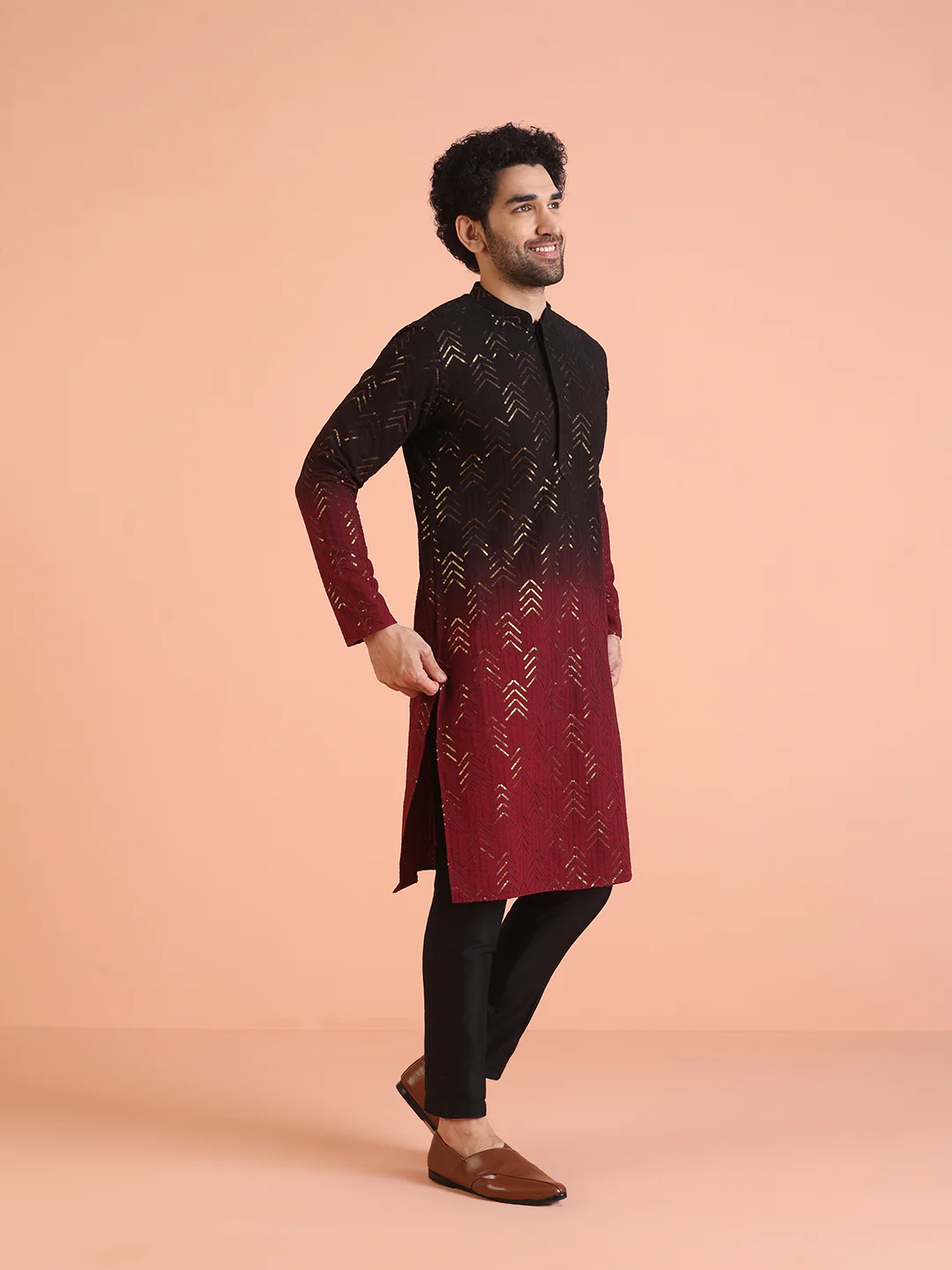 Red Cotton Embellished Long Kurta - Image 2