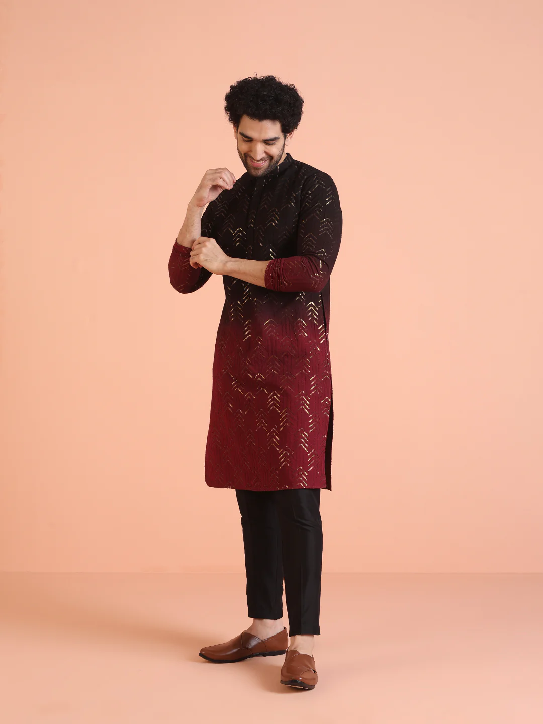 Red Cotton Embellished Long Kurta - Image 3