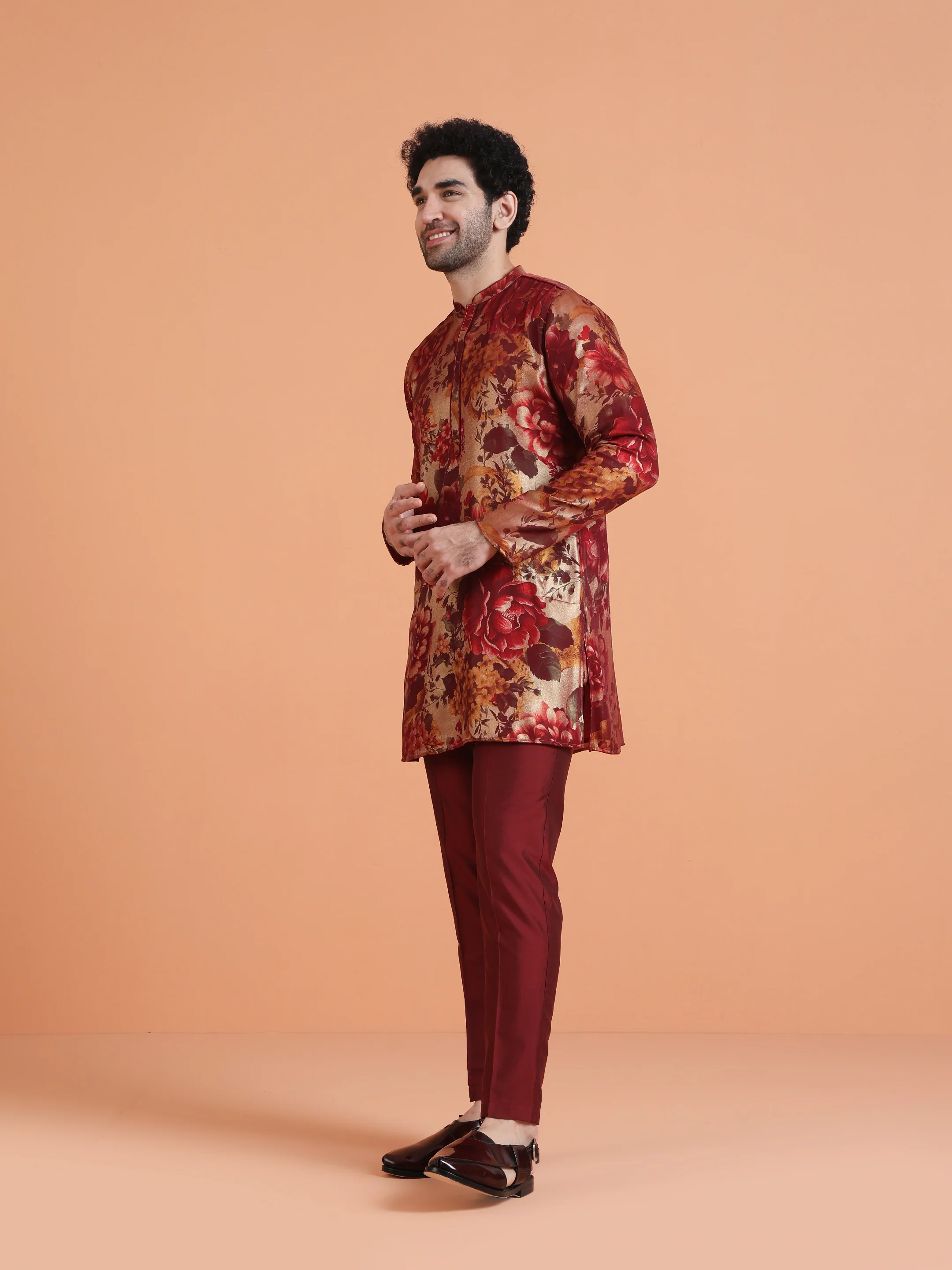 Red Floral Art Silk Mid Kurta Set - Image 2