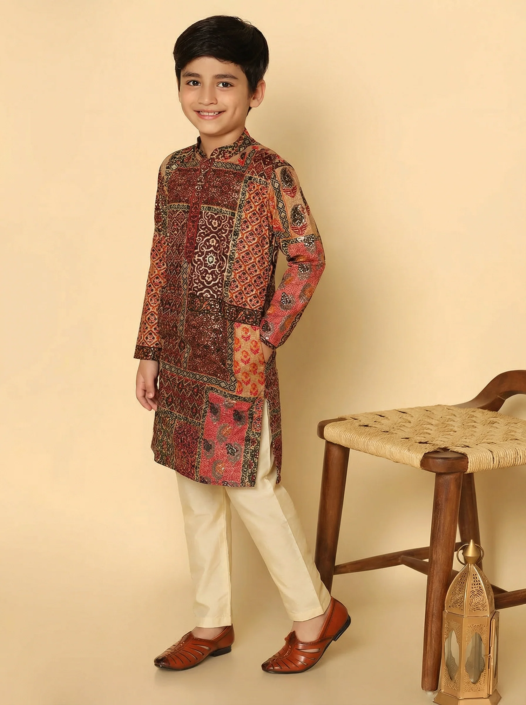Red Multicolor Cotton Blend Printed Kurta Pyjama Set