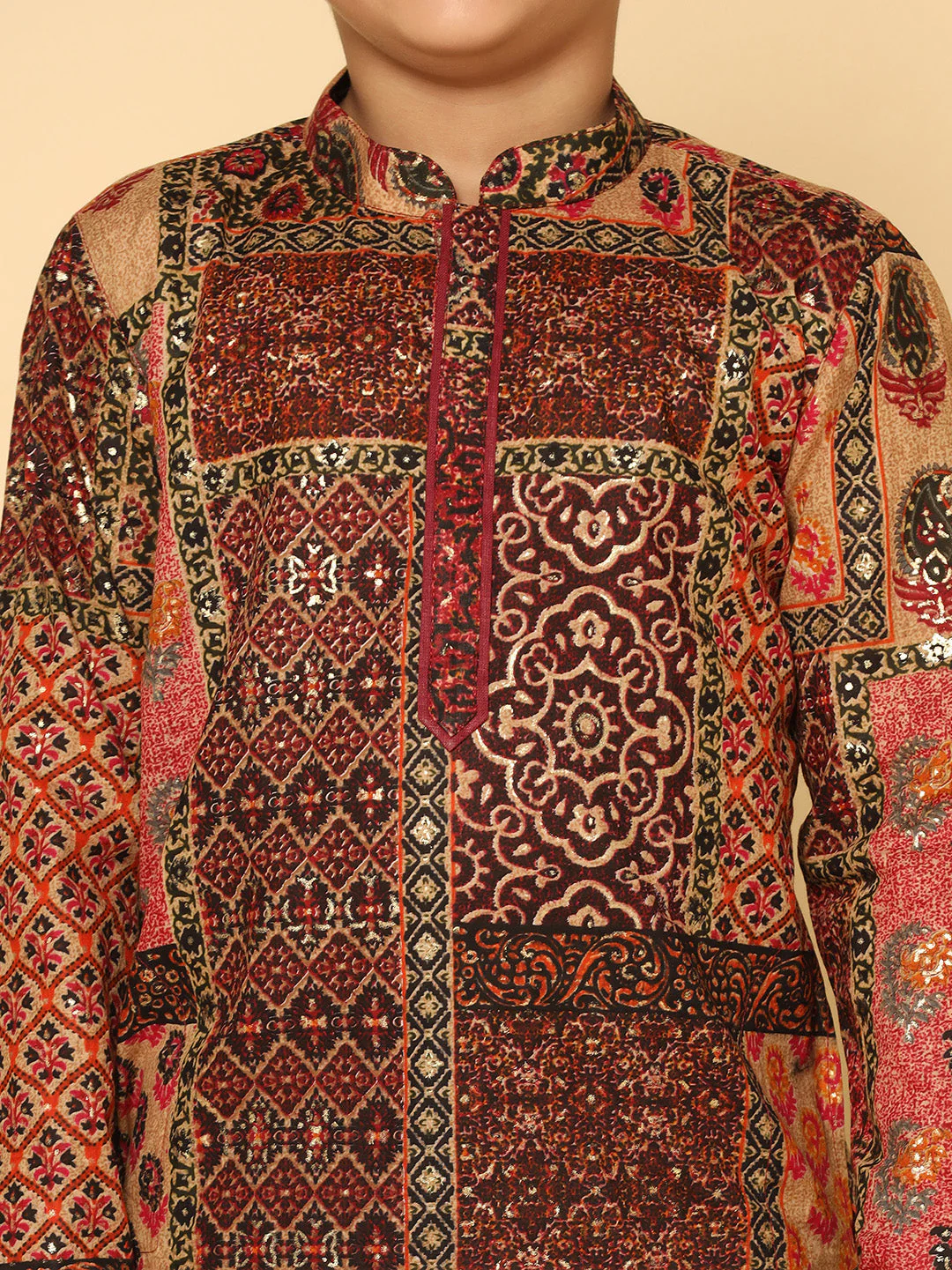 Red Multicolor Cotton Blend Printed Kurta Pyjama Set - Image 5