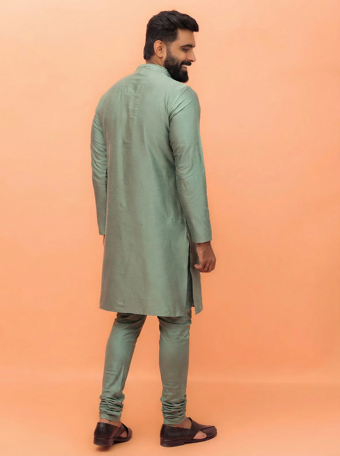 Sage Green Cotton Blend Mirror Work Kurta Churidar Set - Image 3
