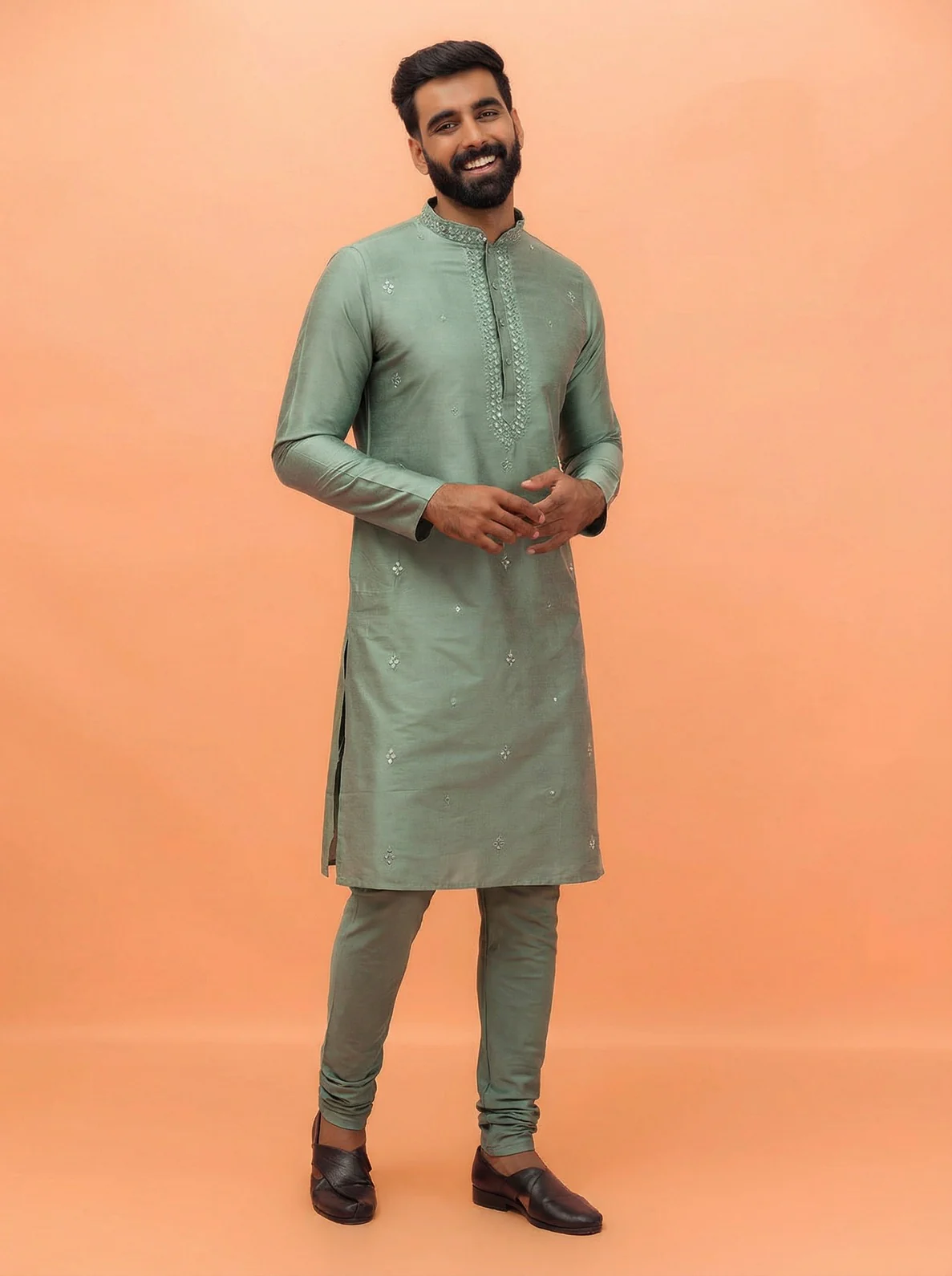 Sage Green Cotton Blend Mirror Work Kurta Churidar Set - Image 6
