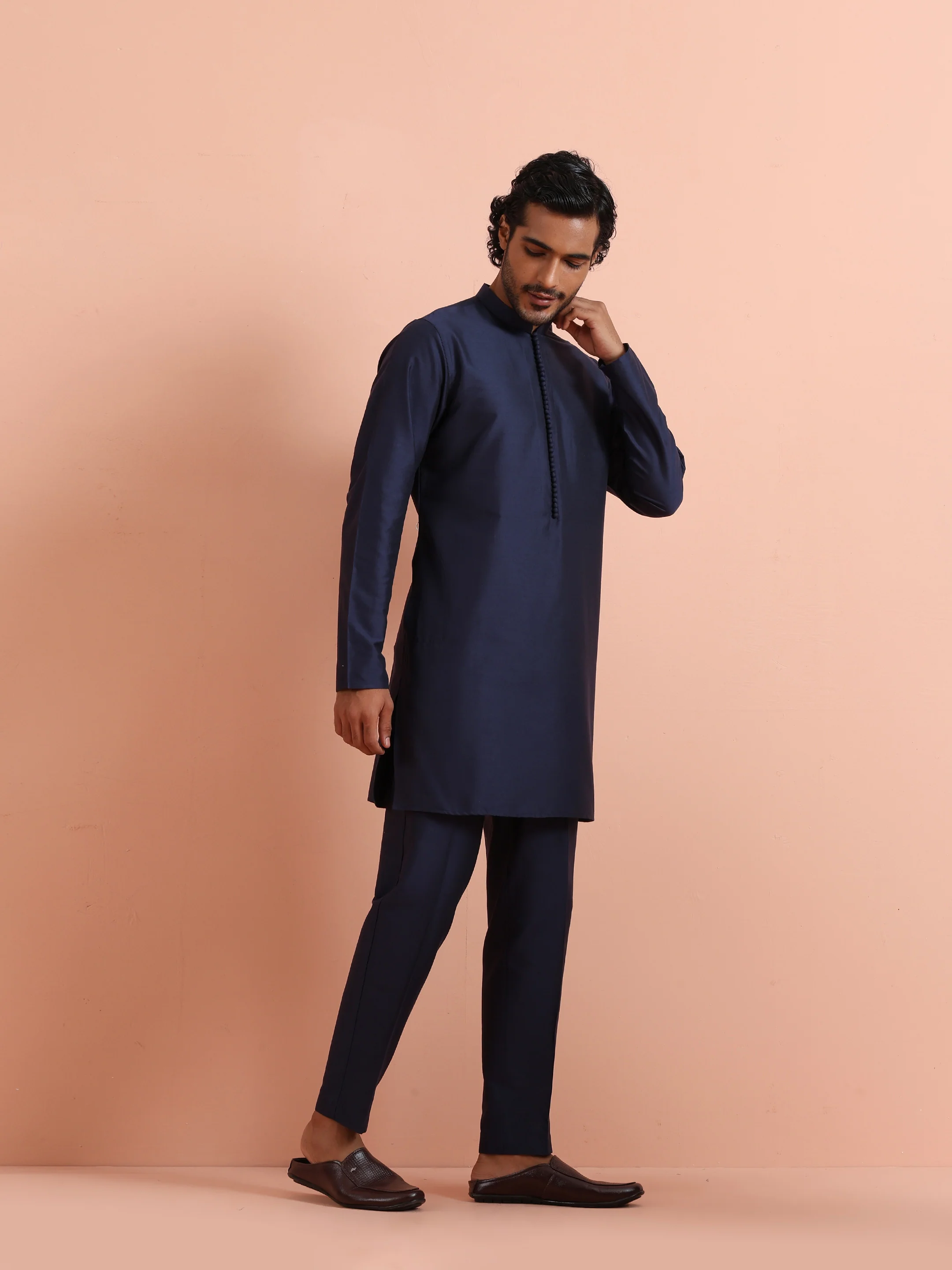 Solid Navy Mid Kurta - Image 2