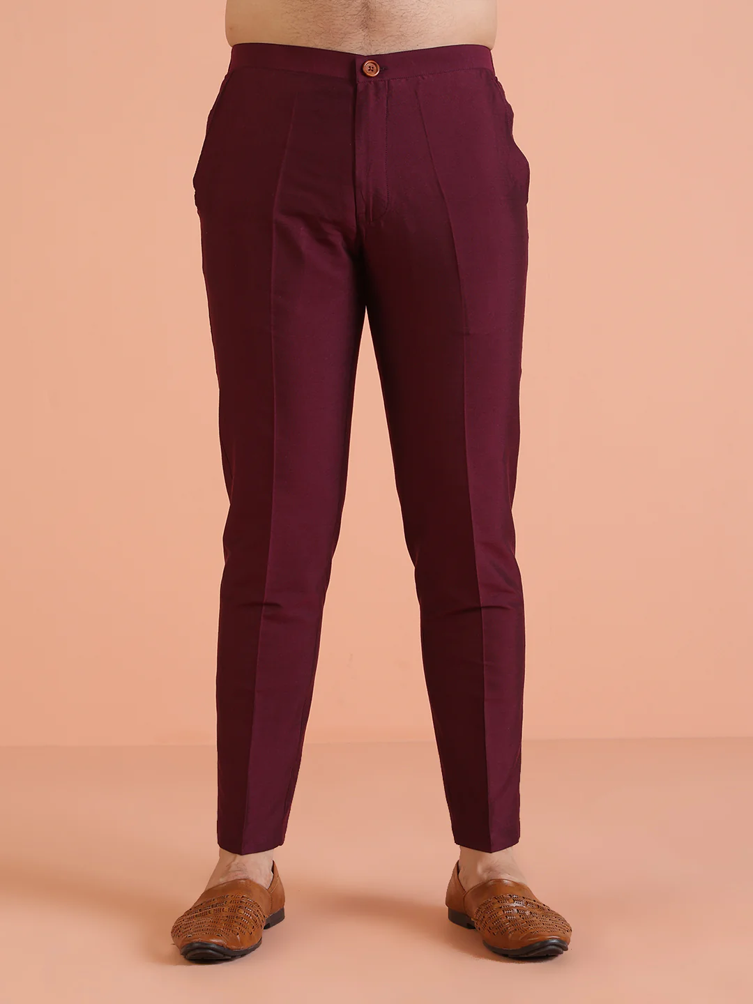 Maroon Cotton Blend Solid Slim Fit Trouser