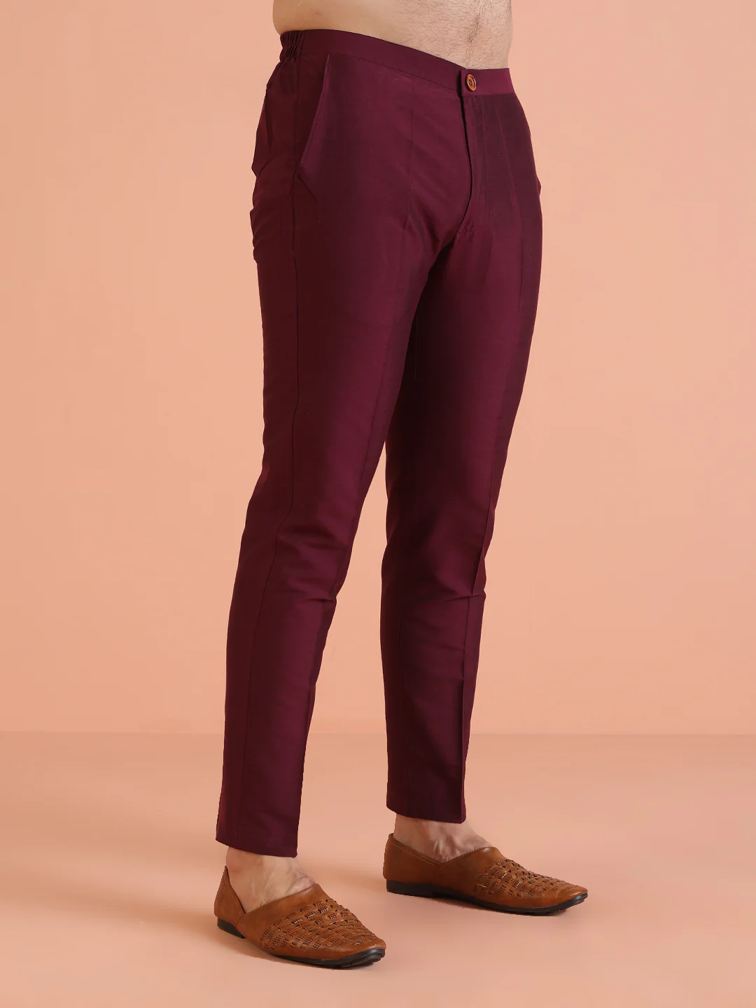 Maroon Cotton Blend Solid Slim Fit Trouser - Image 3