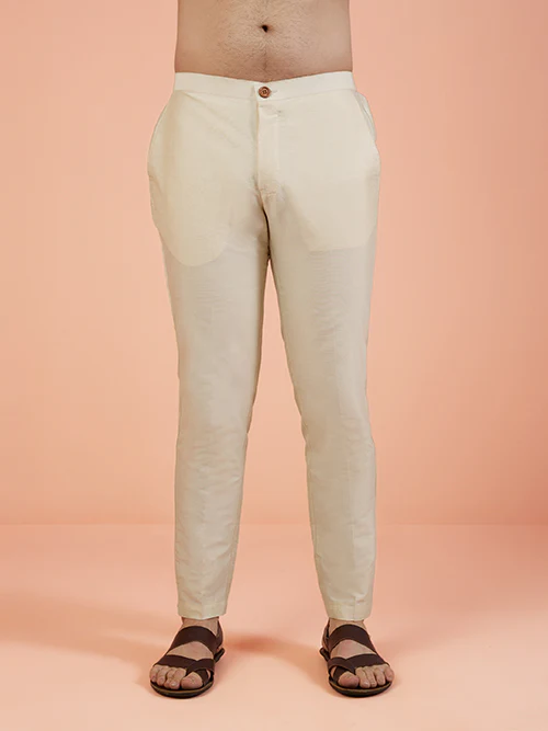 Beige Cotton Blend Solid Slim Fit Trouser