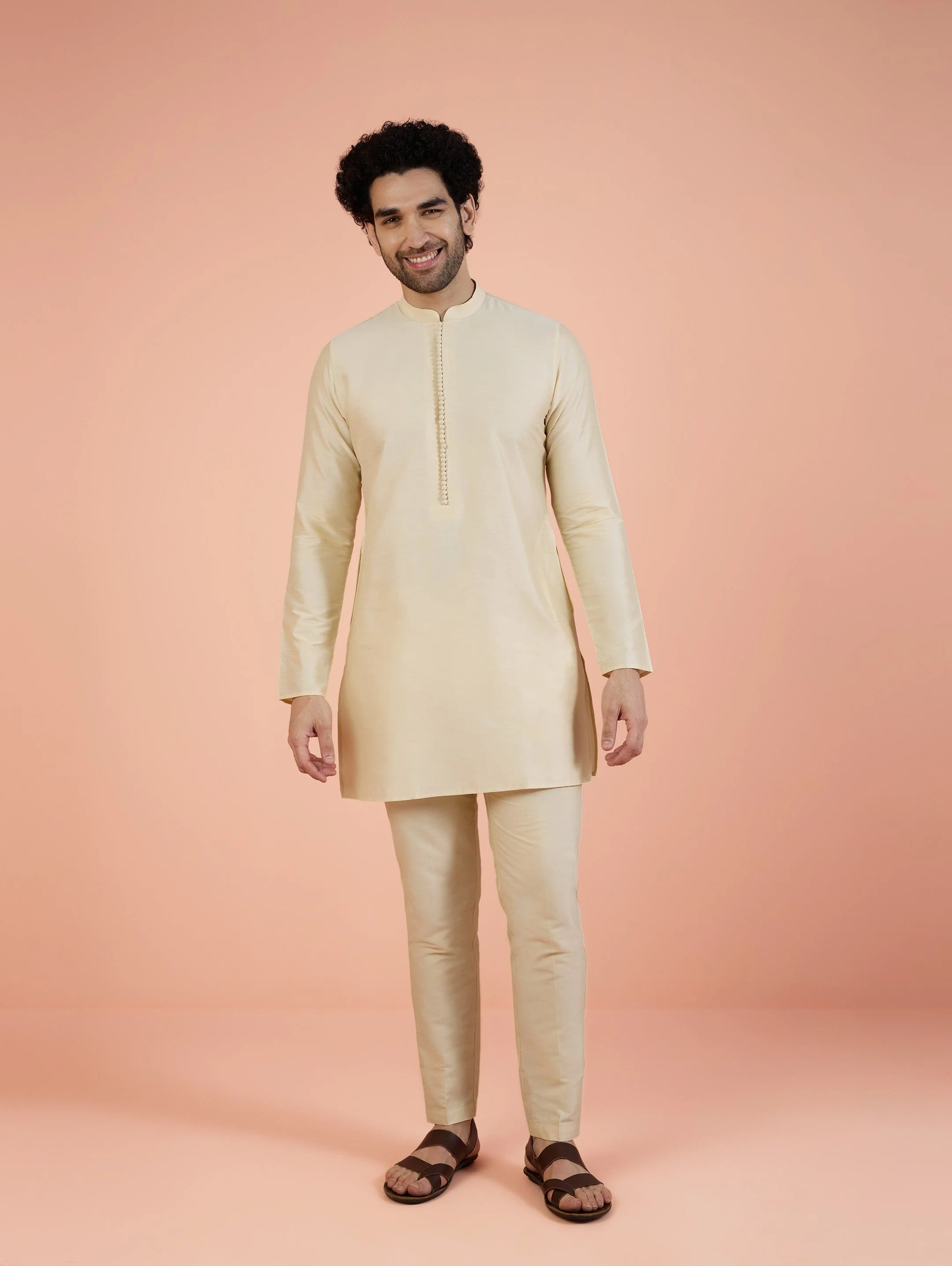 Beige Cotton Blend Solid Slim Fit Trouser - Image 7