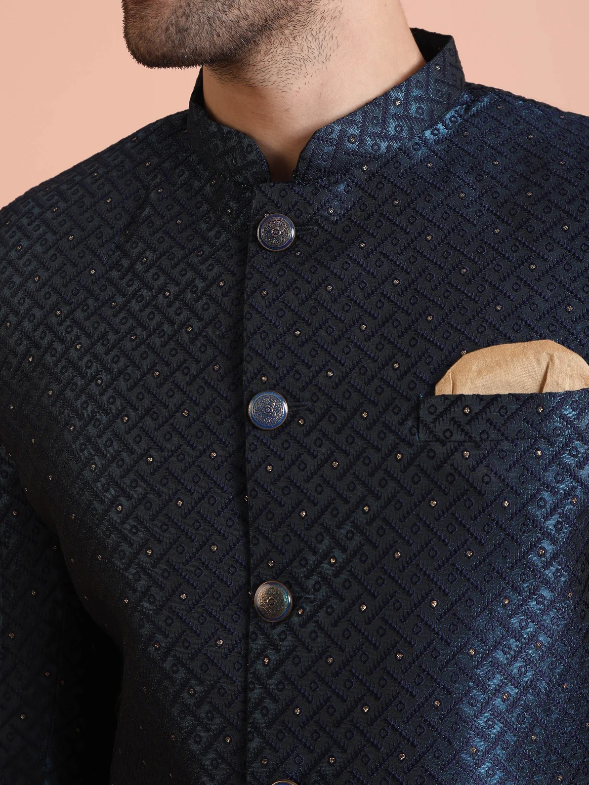 Turquoise Silk Blend Jacquard Sherwani Wide Leg Trouser Set - Image 4