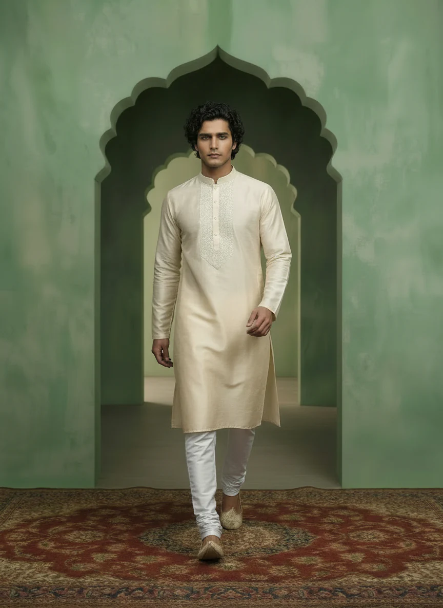 White Cotton Blend Embroidered Kurta Churidar Set