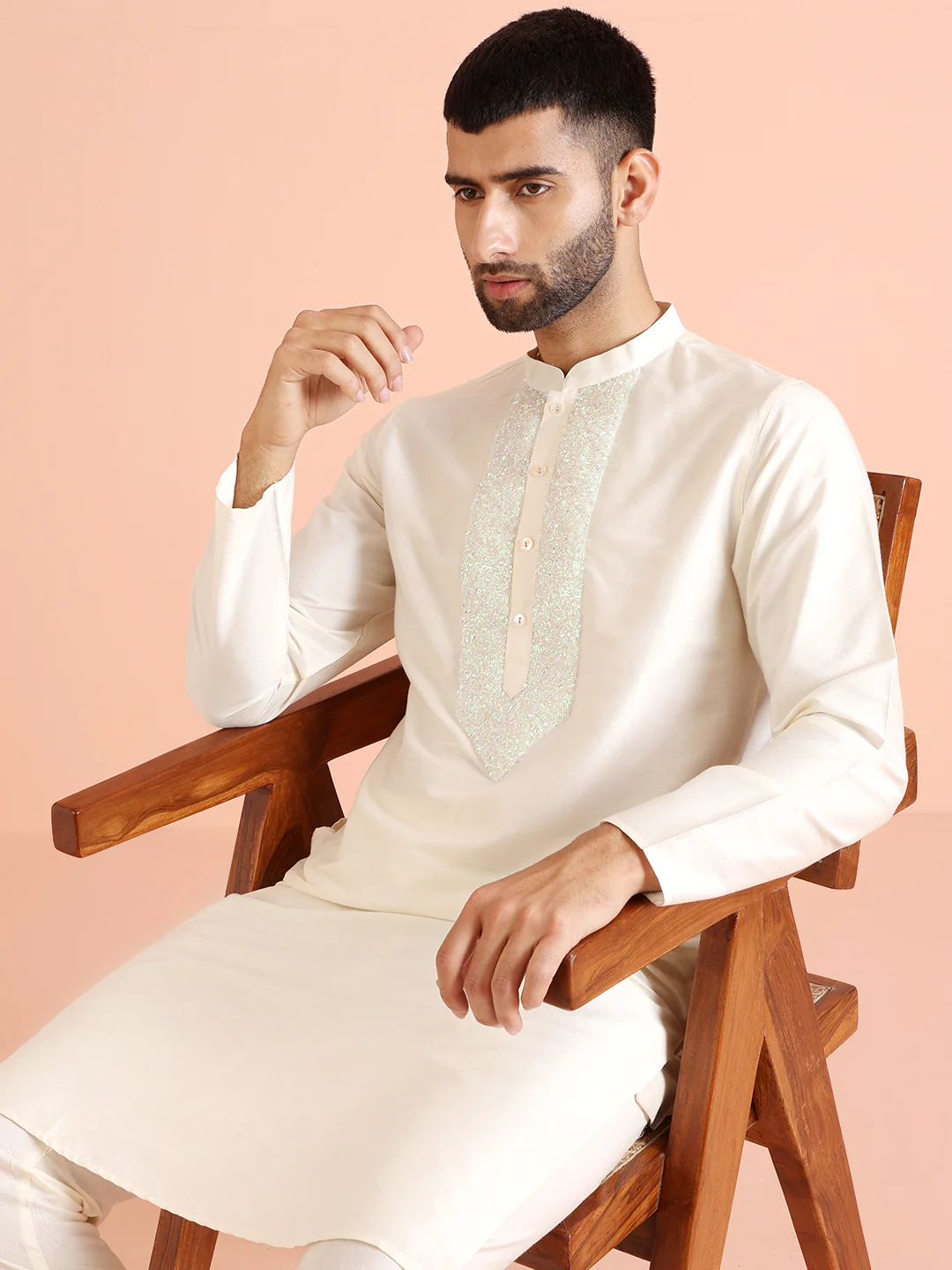 White Cotton Blend Embroidered Kurta Churidar Set - Image 7