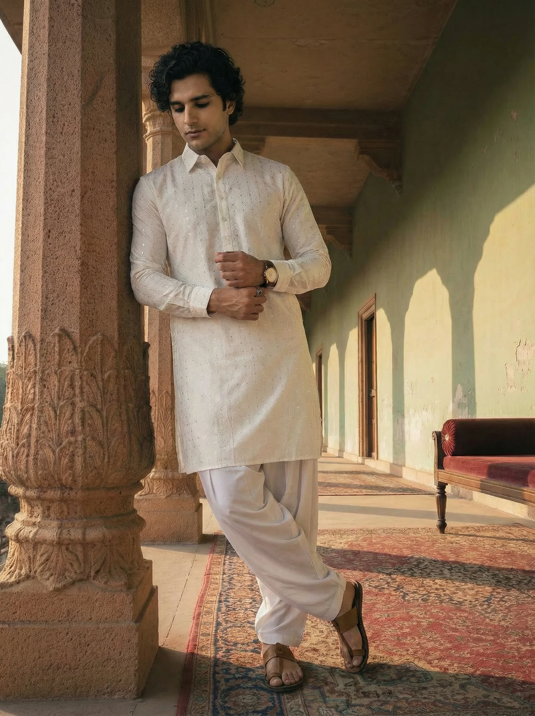 White Viscose Embellished Pathani Kurta