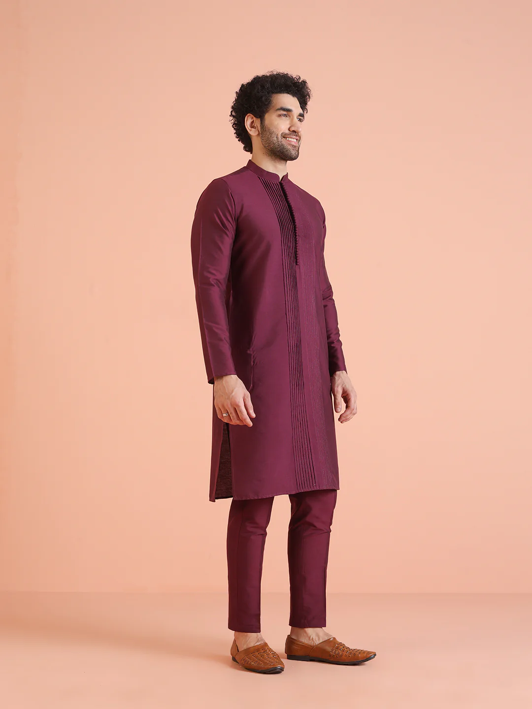 Wine Cotton Blend Pleated Kurta Trouser Set - Image 2