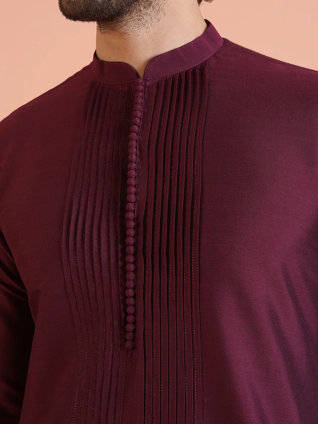 Wine Cotton Blend Pleated Kurta Trouser Set - Image 5