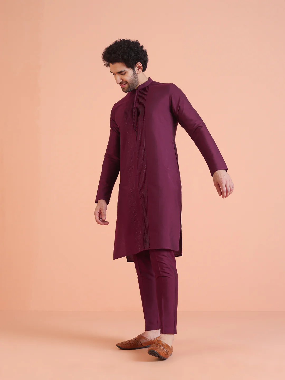 Wine Cotton Blend Pleated Long Kurta - Image 3