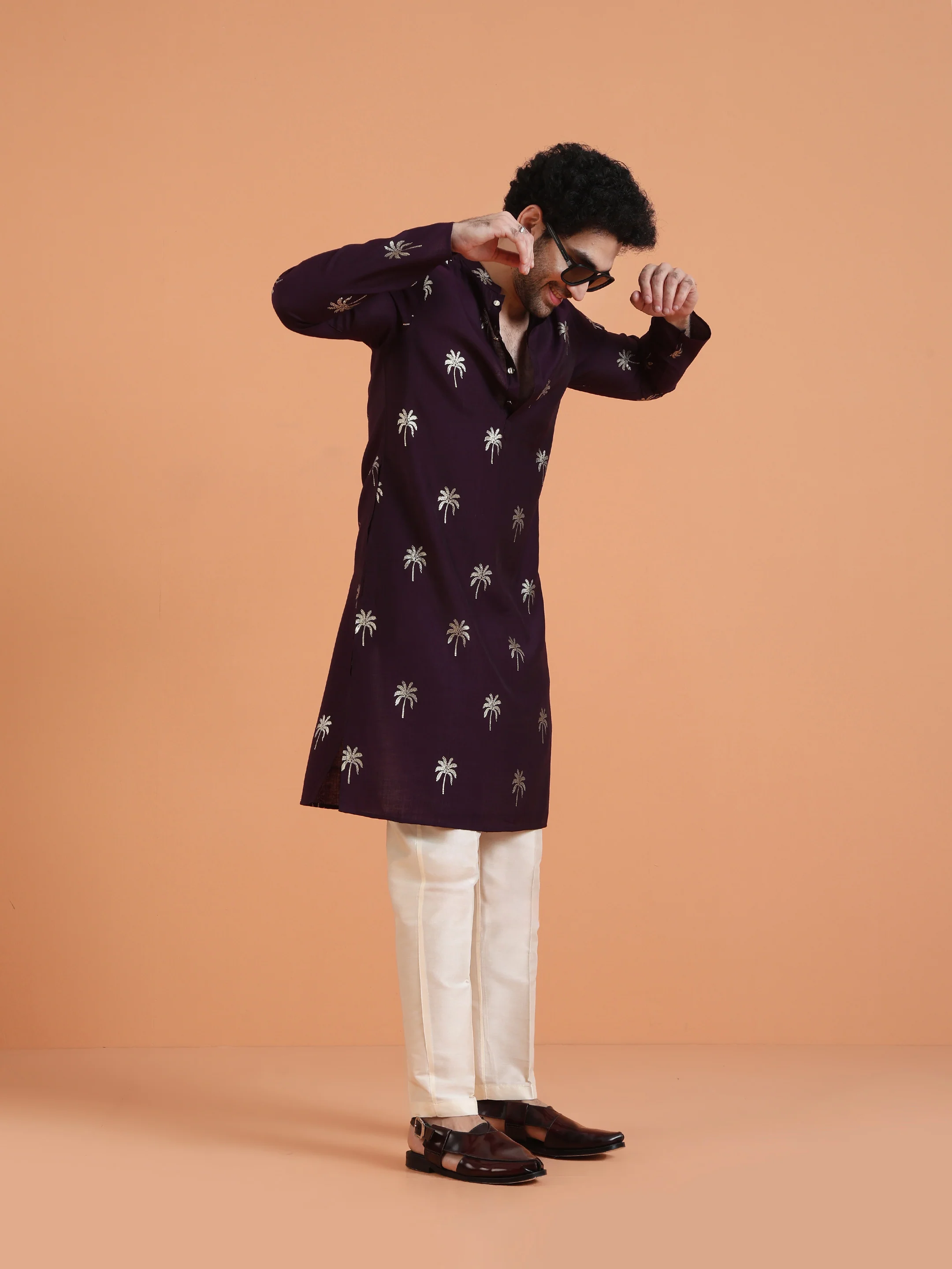 Maroon Printed Kurta with Cream Trouser Set
