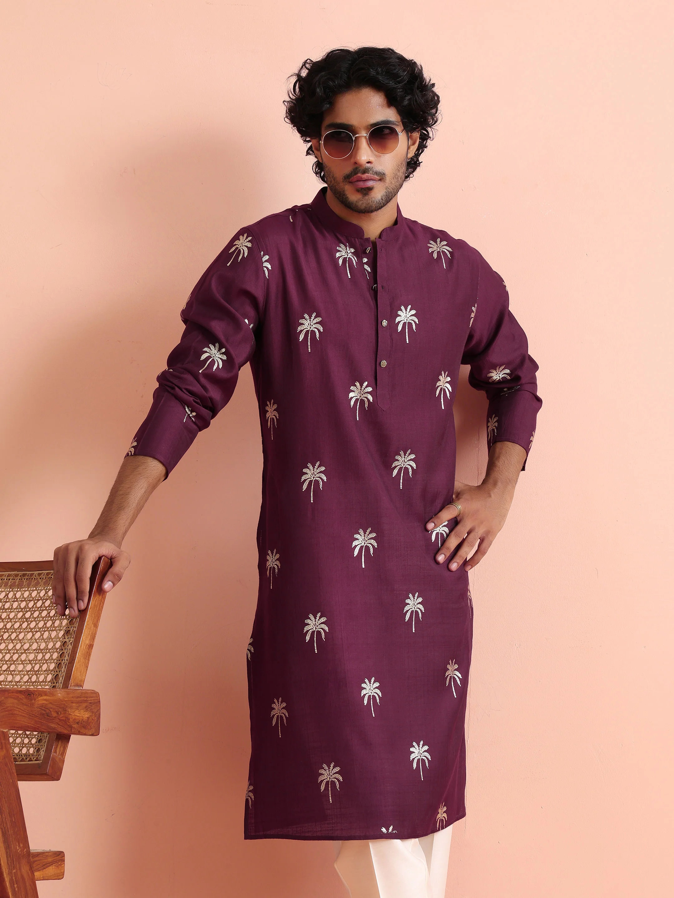 Wine Kurta with Palm Embroidery