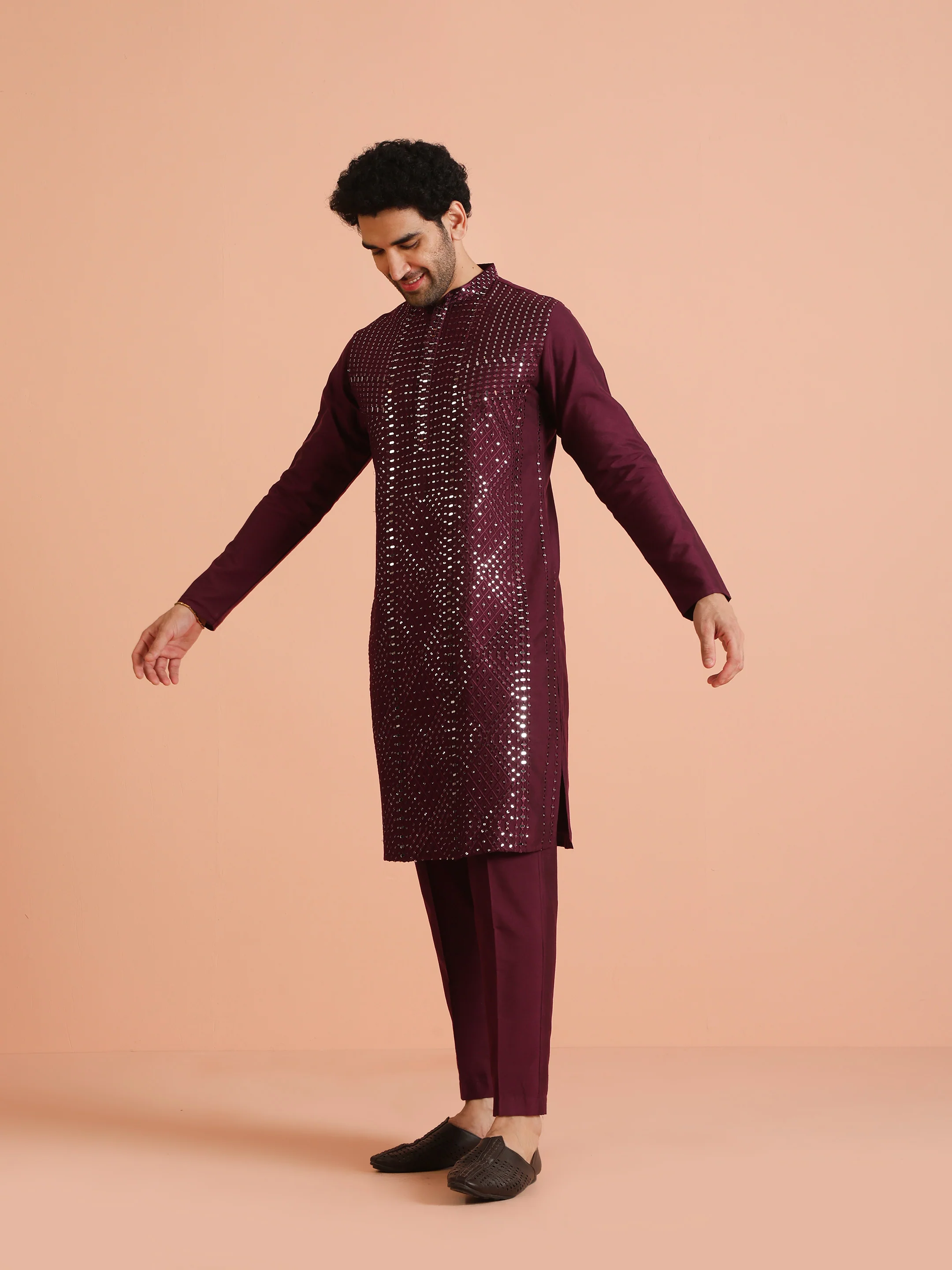 Wine Poly Silk Embellished Kurta Trouser Set - Image 3