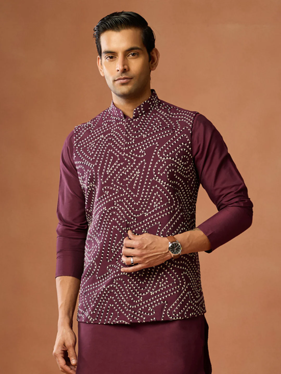 Wine Silk Blend Embroidered Nehru Jacket