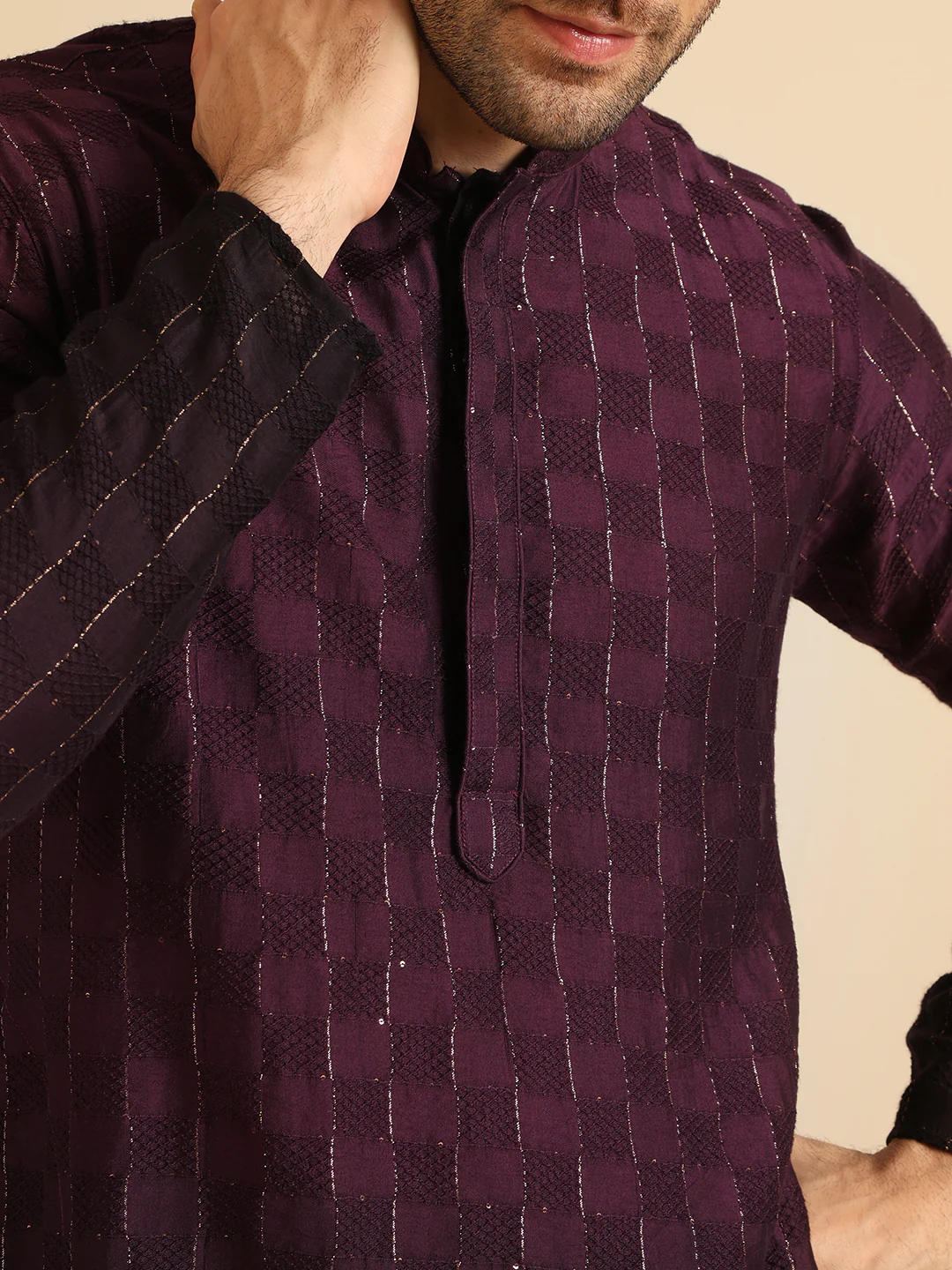 Wine Silk Blend Ombre Kurta - Image 5