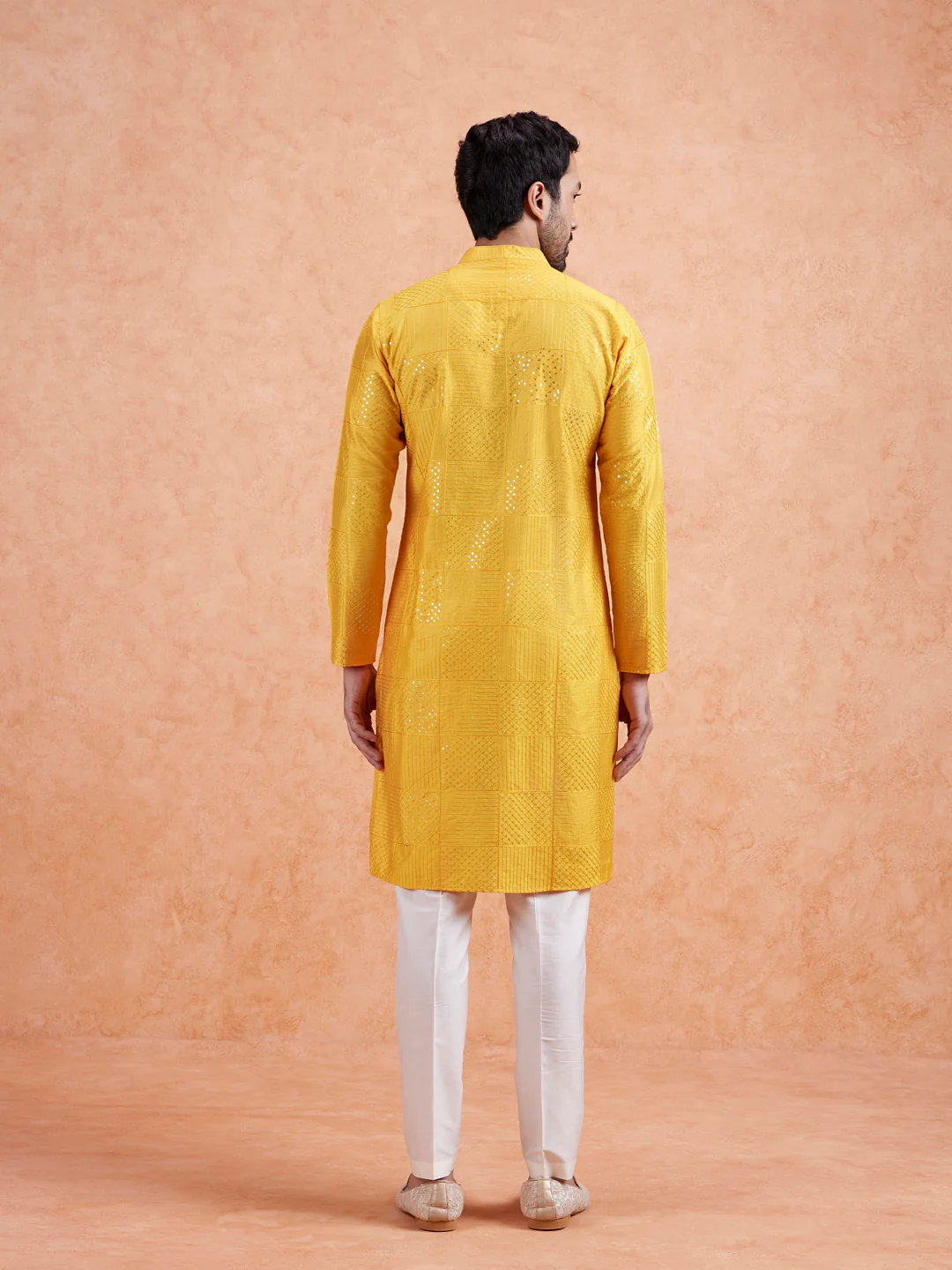 Yellow Silk Blend Textured Kurta Trouser Set - Image 6