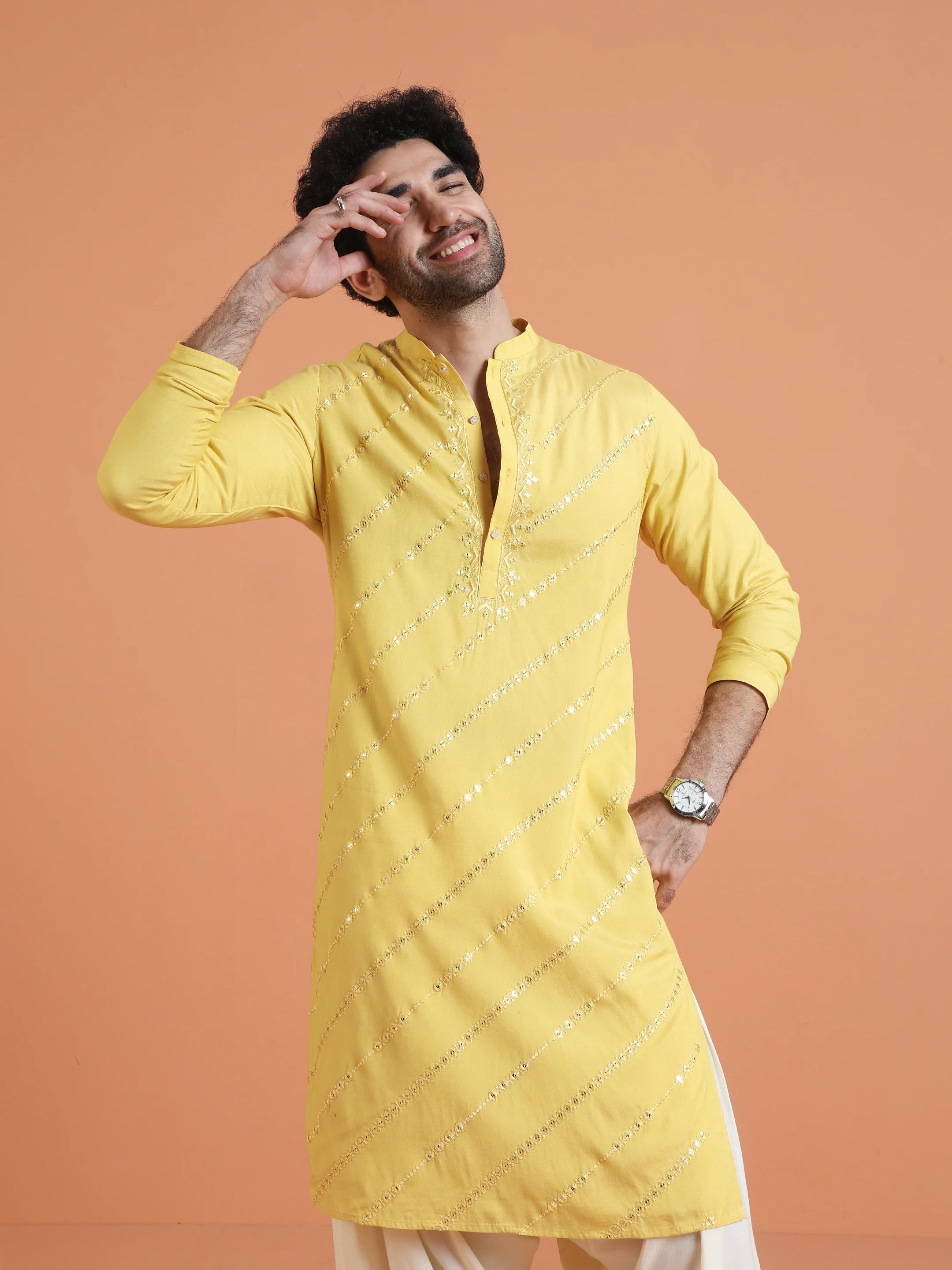 Yellow Cotton Silk Mirror Work Kurta