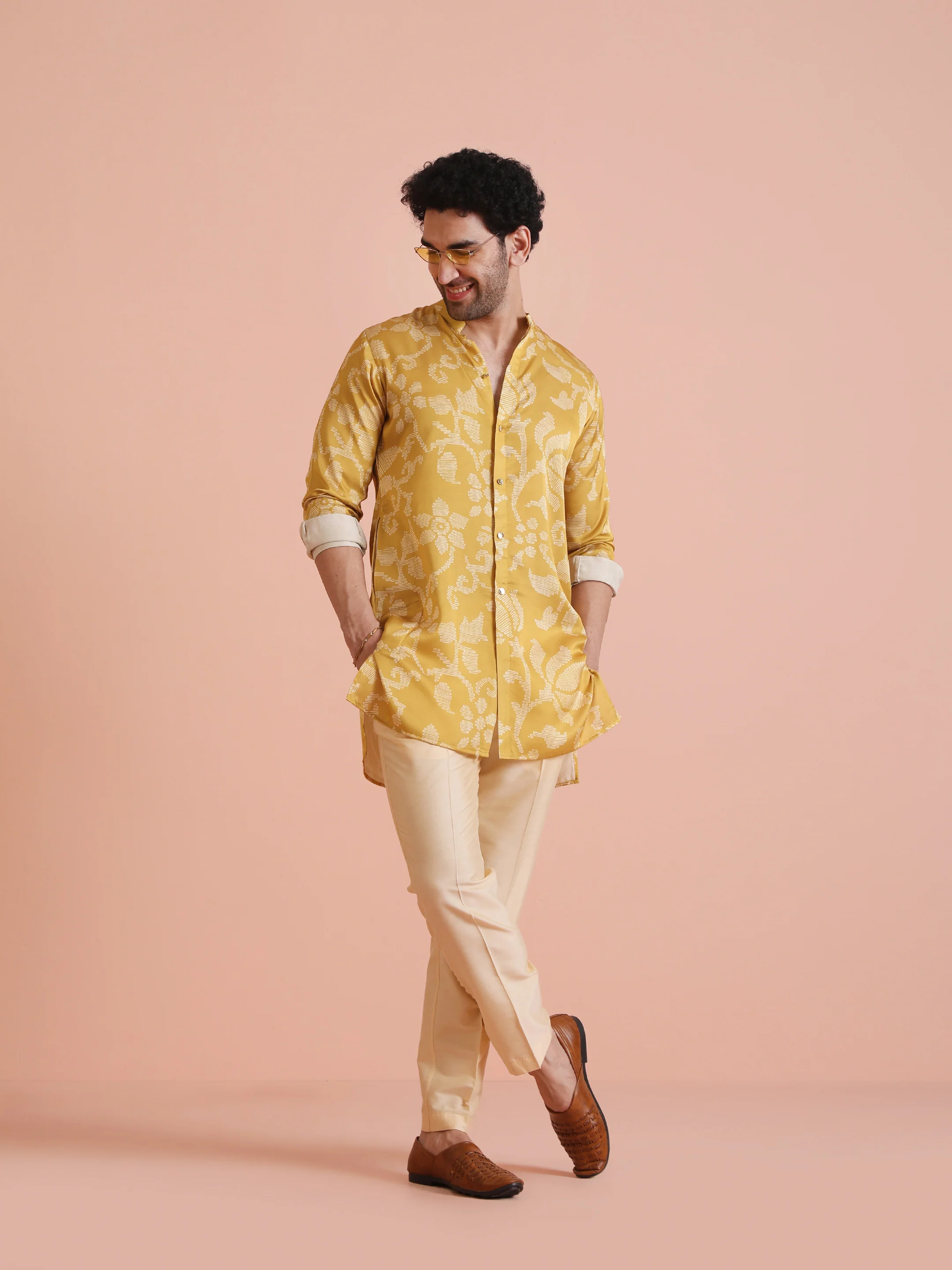 Yellow Printed Front Open Kurta Set