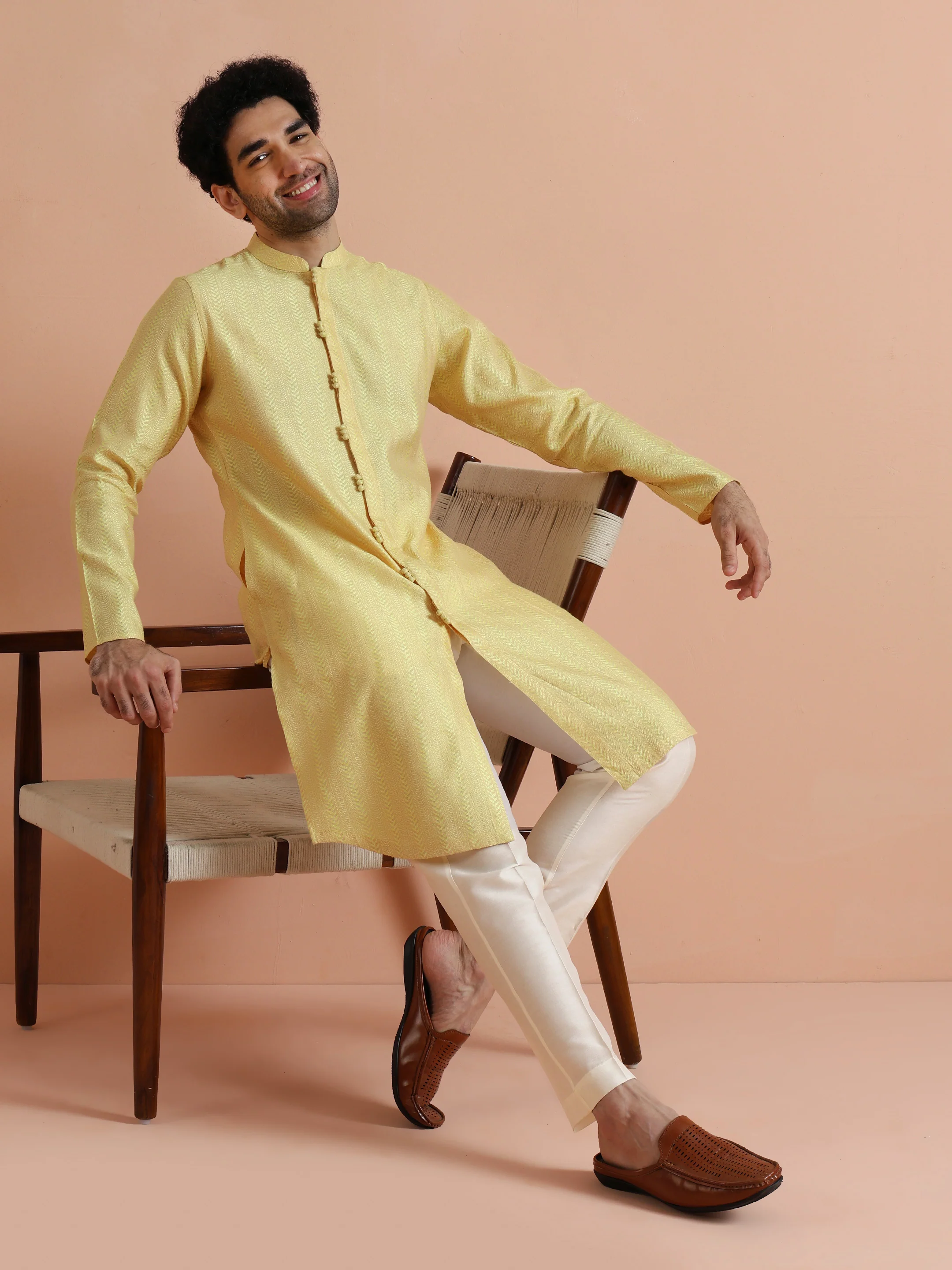 Yellow Textured Kurta Trouser Set